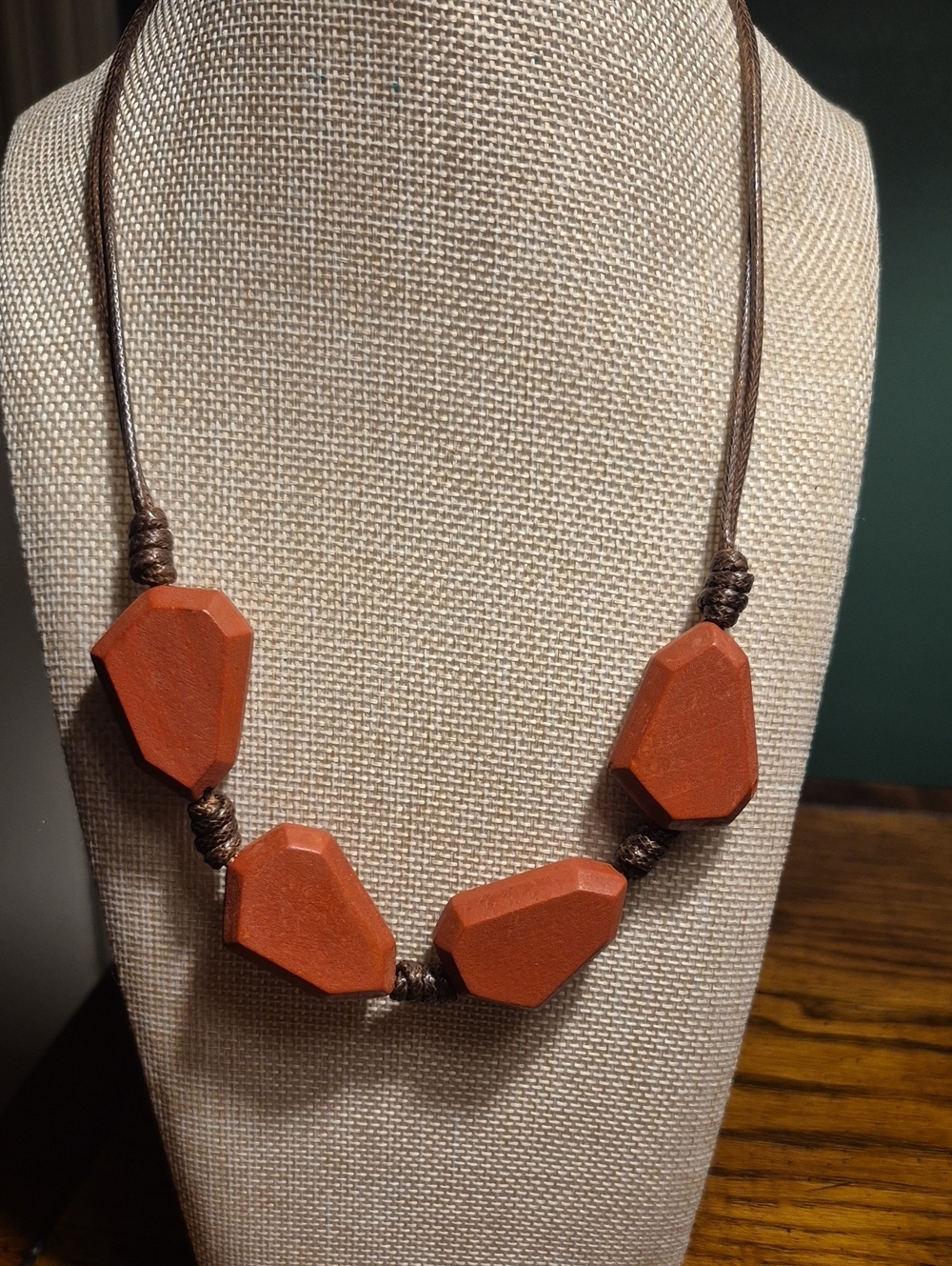 1946 Geometric Orange Wooden Beaded Knotted Cord Necklace
